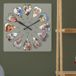 Once Upon a Time 12 Heart Shaped Photos Green Quadratische Wanduhr<br><div class="desc">Create your own multi photo clock to tell your story - the center of the clock face is lettered with "Once upon a time" in handwritten typography. Use the photo template to add 12 of your favorite photos, which will be displayed in heart shaped frames. The design uses portrait vertical...</div>