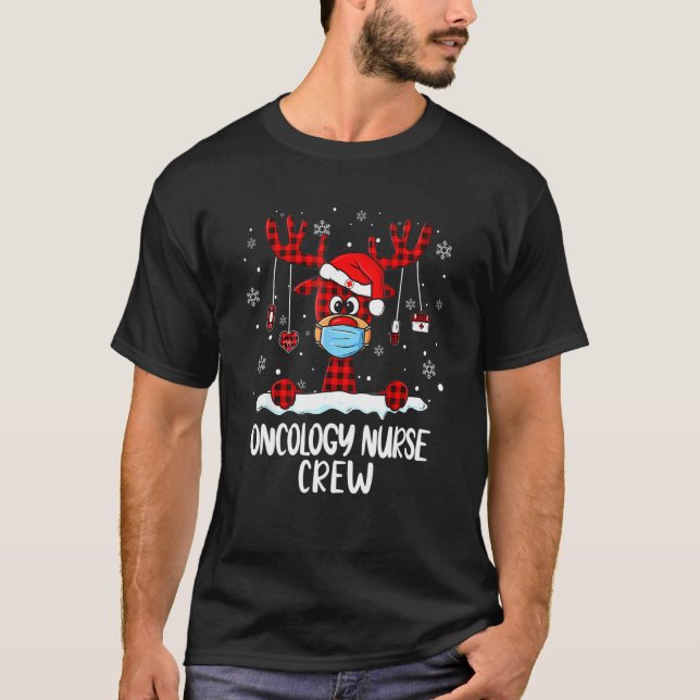 Oncology Nurse Crew Kariert Rentier Weihnachtsmann T-Shirt (Vorderseite)