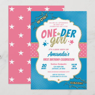 Onder Girl Pink und Blue First Birthday Einladung