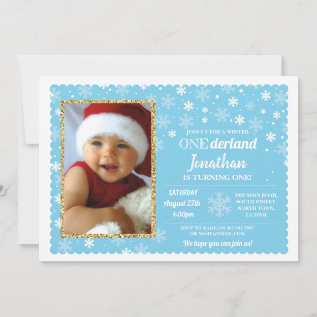 Onderland Winter Blue Snowflakes Foto Wonderland Einladung (Vorderseite)