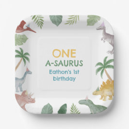One A Saurus Dinosaur Boy Birthday Square Pappteller