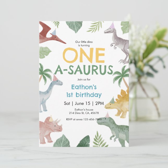 One A Saurus Dinosaur First Birthday Invitation Einladung (Stehend Vorderseite)