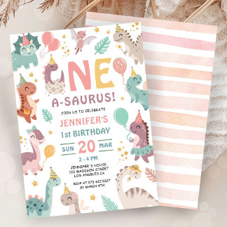 One A Saurus Dinosaur Girl 1st Birthday Invitation Einladung