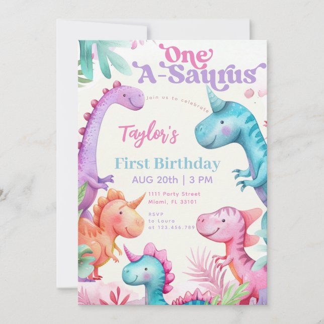 One-A-Saurus Lila Dinosaurier Girl Erster Geburtst Einladung (Vorderseite)