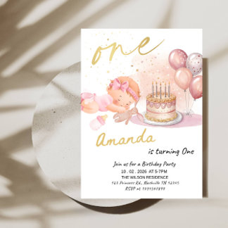 ONE Baby Girl 1st Birthday - First Birthday Party Einladung