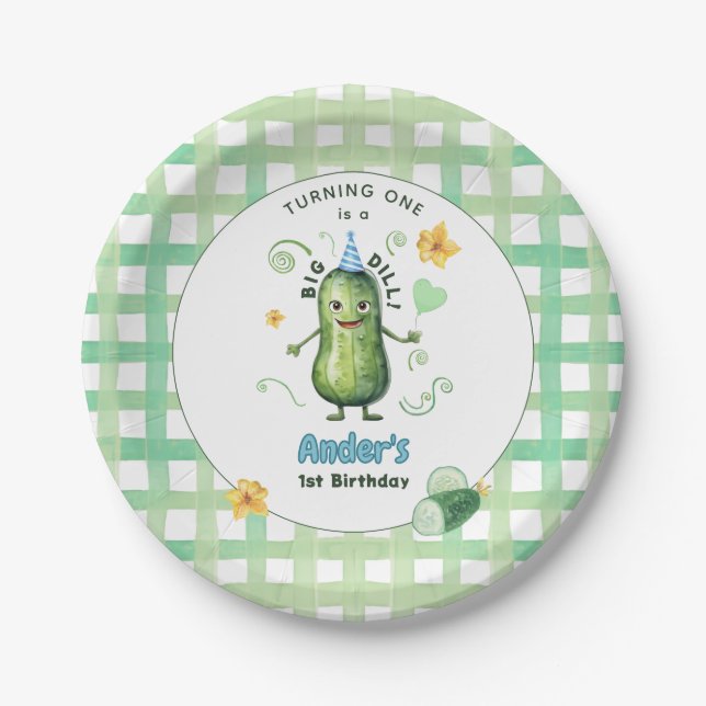 One Big Dill Pickle First Birthday Blue Pappteller (Vorderseite)