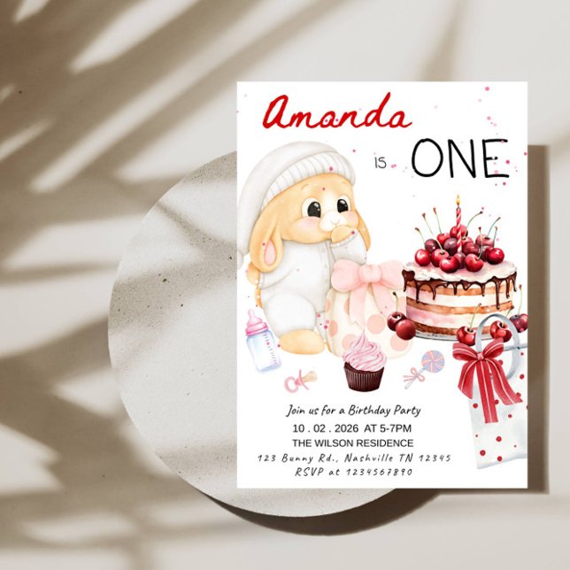 ONE Bunny First Birthday - Baby Girl 1st Birthday Einladung (Von Creator hochgeladen)