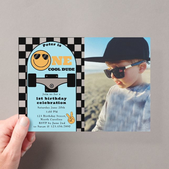 One Cool Dude 1st First Birthday Skateboard Photo Acryleinladungen (Insitu (Handheld))