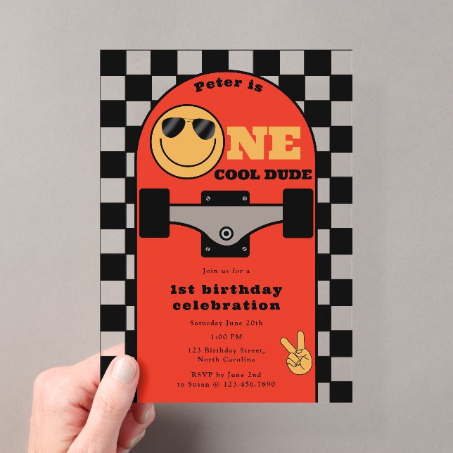 One Cool Dude Invite 1st First Birthday Skateboard Acryleinladungen (Insitu (Handheld))