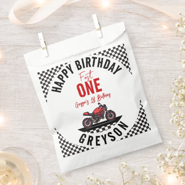 One Fast Race Motorcycle Boy 1st Birthday Party Geschenktütchen (Ausgeschnitten)