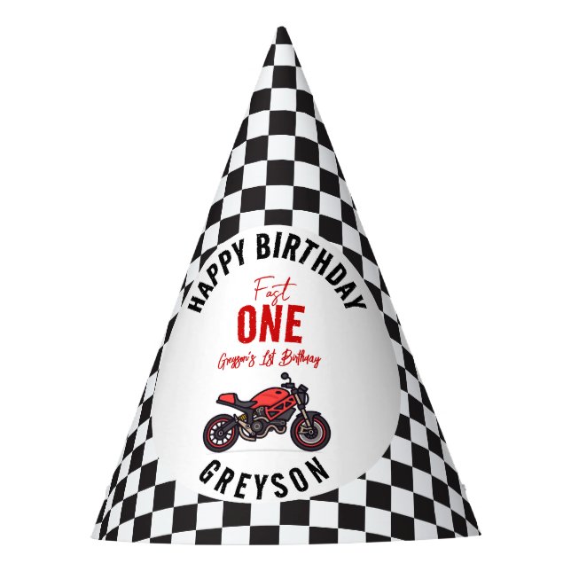 One Fast Race Motorcycle Boy 1st Birthday Party Partyhütchen (Vorderseite)