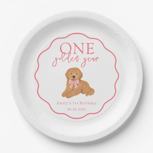One Golden Year Doodle Puppy First Birthday Party Pappteller (Vorderseite)