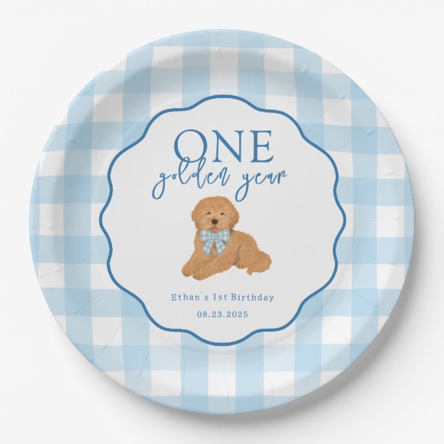 One Golden Year Doodle Puppy First Birthday Party Pappteller (Vorderseite)