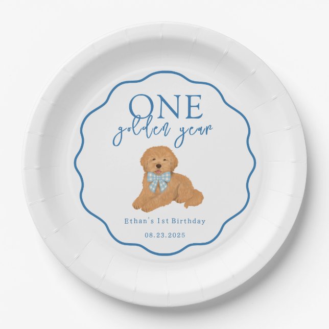 One Golden Year Doodle Puppy First Birthday Party Pappteller (Vorderseite)