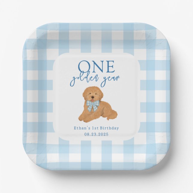 One Golden Year Golden Doodle Boys Birthday Pappteller (Vorderseite)
