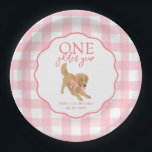 One Golden Year Retriever First Birthday Party Pappteller<br><div class="desc">Celebrate her One Golden Year in sweet puppy style with this round paper plate. A pink gingham border surrounds a scalloped center that features a golden retriever and editable text for your girl's name and first birthday date. Perfect for cake slices, snacks, and photo ready table settings at any golden...</div>