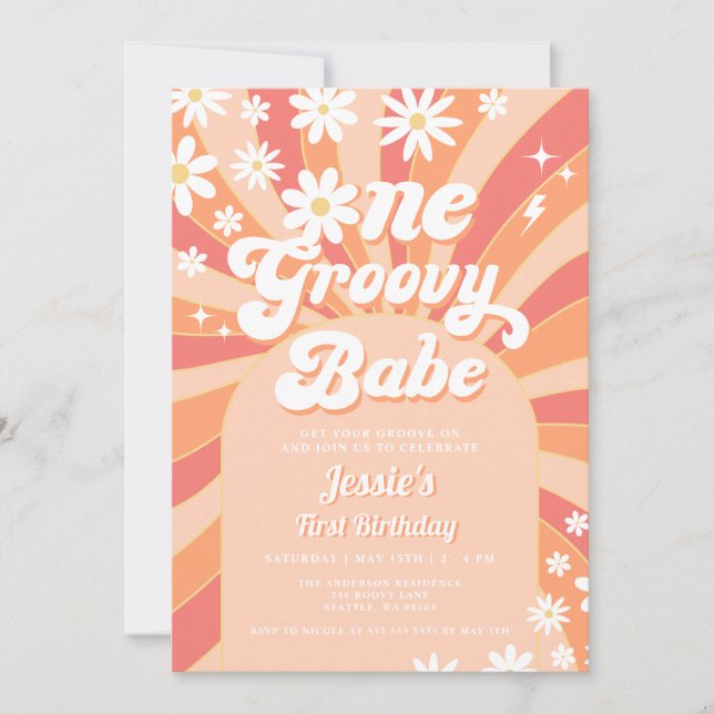 One Groovy Babe Pink Daisy 70er Floral 1. Geburtst Einladung (Vorderseite)