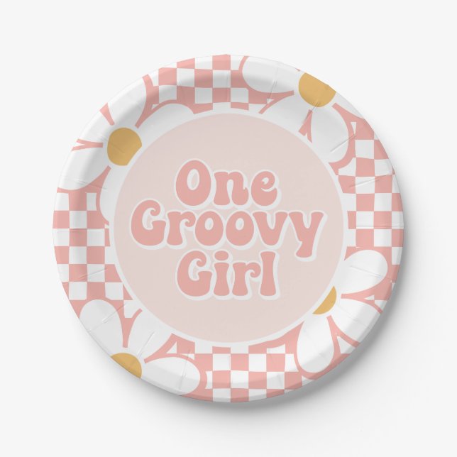 One Groovy Girl Pink Daisy Schachbrett Pappteller (Vorderseite)
