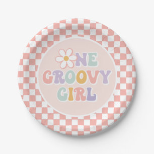 One Groovy Girl Pink Daisy Schachbrett Pappteller