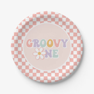 One Groovy Girl Pink Daisy Schachbrett Pappteller