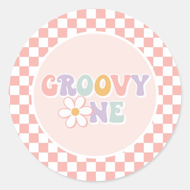 One Groovy Girl Pink Daisy Schachbrett Runder Aufkleber (Vorderseite)