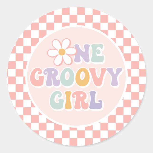 One Groovy Girl Pink Daisy Schachbrett Runder Aufkleber (Vorderseite)