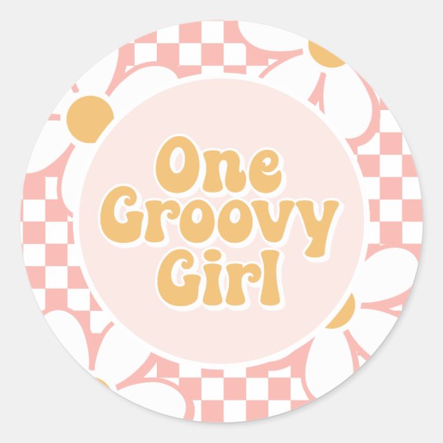 One Groovy Girl Pink Daisy Schachbrett Runder Aufkleber (Vorderseite)
