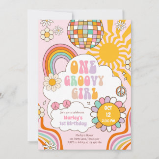 One Groovy Girl Retro 70er Rainbow 1. Geburtstag Einladung