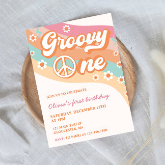 One Groovy Retro Daisy 1. Geburtstag Party Einladung