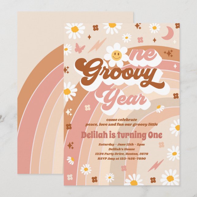 One GroovYear Peace Liebe Party Rainbow Birthday Einladung (Vorne/Hinten)