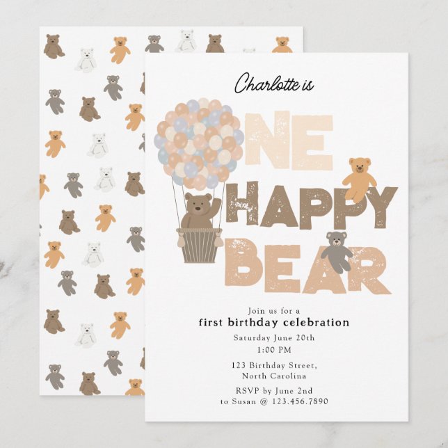 One Happy Bear Invite 1st  First Birthday Cute Einladung (Vorne/Hinten)
