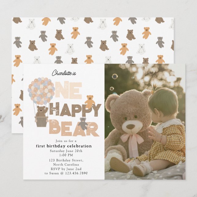 One Happy Bear Invite 1st  First Birthday Photo Einladung (Vorne/Hinten)