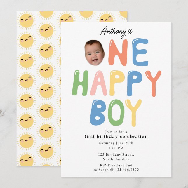 One Happy Boy Birthday Invite 1st Birthday Photo Einladung (Vorne/Hinten)