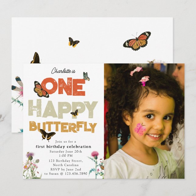 One Happy Butterfly 1st Wildflower Birthday Photo Einladung (Vorne/Hinten)