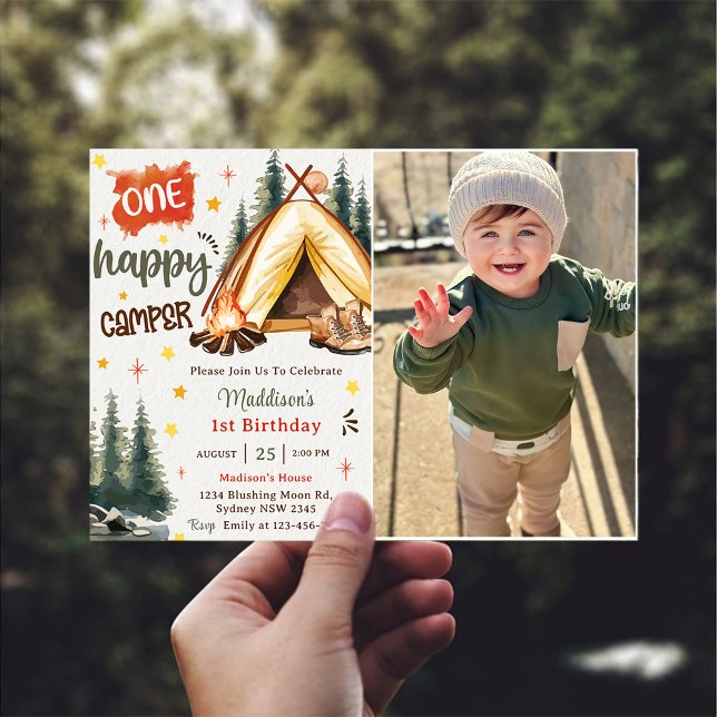 One Happy Camper 1. Geburtstag Party Foto Einladung (Von Creator hochgeladen)