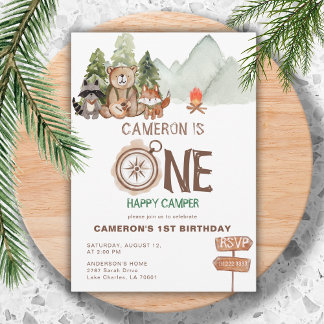 One Happy Camper Bear Watercolor 1. Geburtstag Einladung
