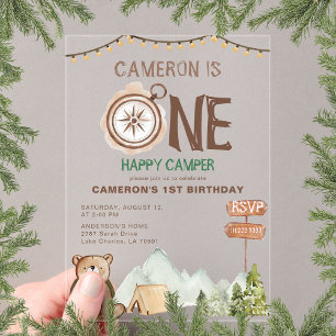 One Happy Camper Bear Woodland 1. Geburtstag Acryleinladungen