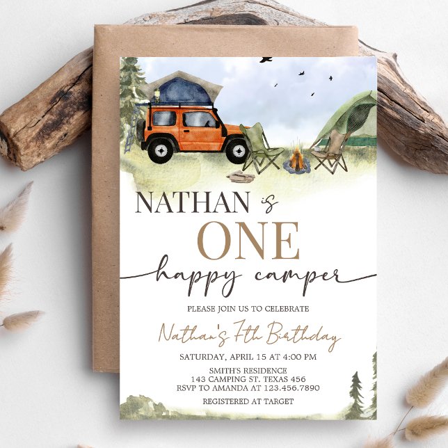 One Happy Camper Camping Boy Birthday Einladung (One Happy Camper 1st Birthday Party Invitation)