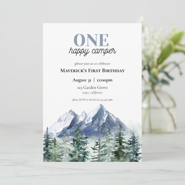 One Happy Camper Erster Geburtstag Einladung (Stehend Vorderseite)