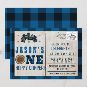 One Happy Camper Flannel Kariert 1. Geburtstag Einladung
