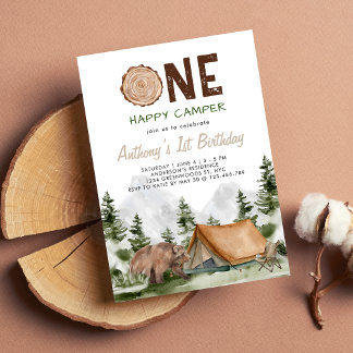 One Happy Camper Mountain Forest Bär 1. Geburtstag Einladung