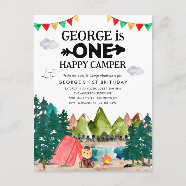 ONE Happy Camper Mountains Camping 1. Geburtstag Postkarte (Vorderseite)