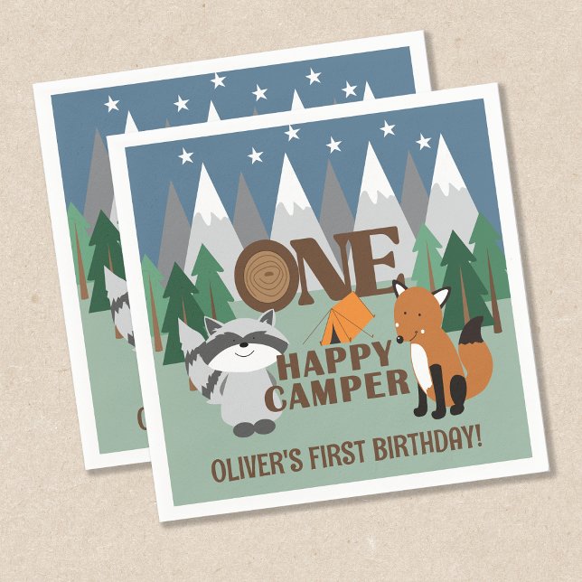 One Happy Camper Niedliche Waldtiere bevorzugen Serviette (ONE Happy Camper 1st Birthday Napkins - customizable )