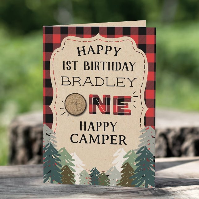 One Happy Camper Plaid Forest 1st Birthday Karte (Von Creator hochgeladen)