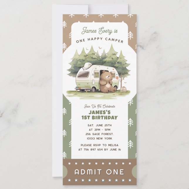 One Happy Camper Ticket Admit One Einladung (Vorderseite)