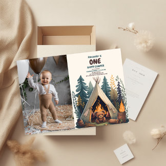 One Happy Camper Wood Boys 1. Geburtstag Einladung