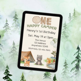 One Happy Camper Wood Watercolor Animal Birthday Einladung