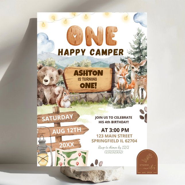 One Happy Camper Woodlands First Birthday Einladung (Von Creator hochgeladen)