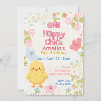 One Happy Chick, Floral 1st Birthday Einladung