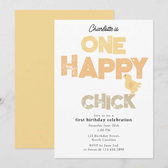 One Happy Chick Invite 1st Baby Chicken Birthday Einladung (Vorne/Hinten)